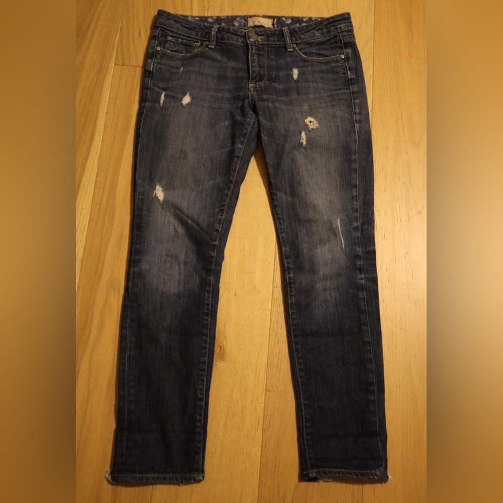 Paige Skyline Ankle Peg Jeans Distressed Dark Wash